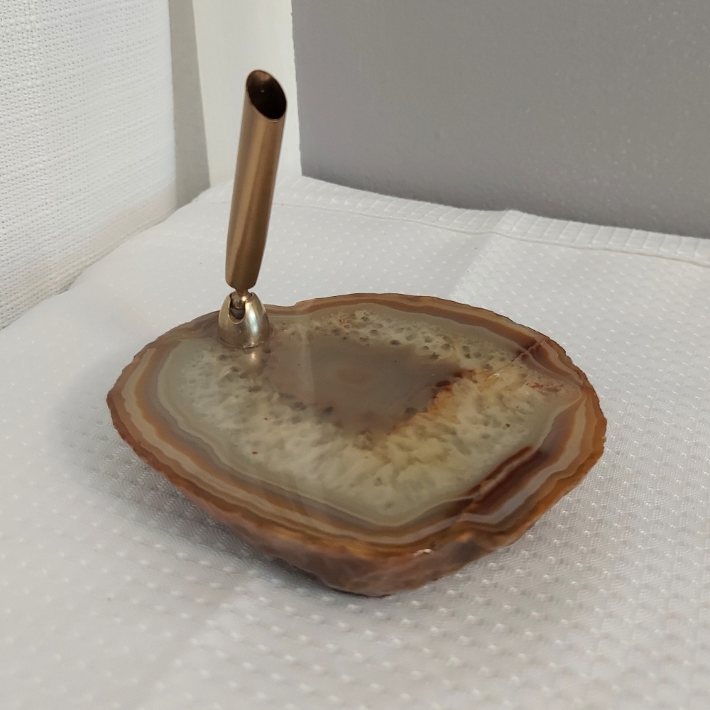 Polished Agate Pen Holder Stone Quartz Paperweight Gold Yone Metal